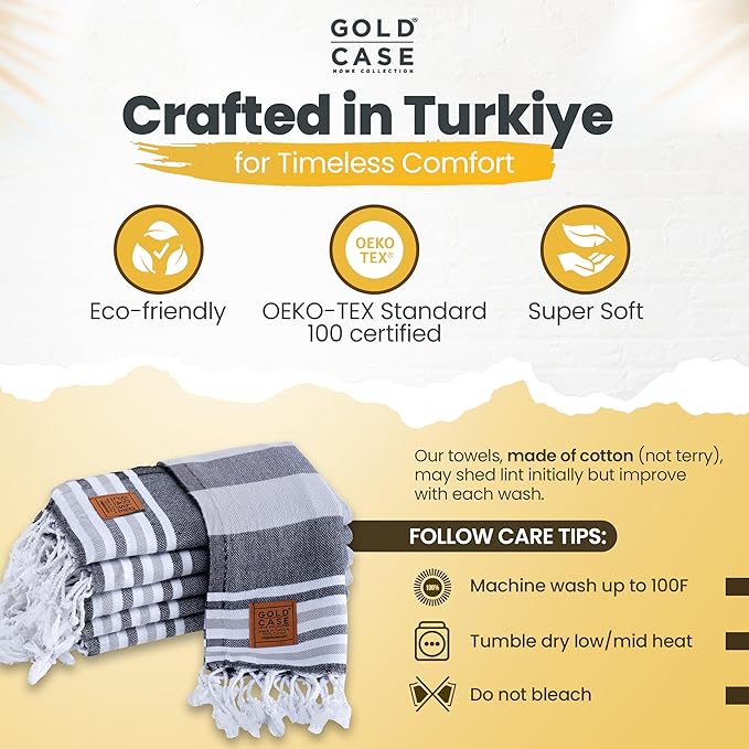 GOLD CASE HOME COLLECTION Olympos Original Turkish Hand Towels by - Set of 6-20x40 inches 100% Cotton Decorative Bathroom & Kitchen for Hand, Face, Hair, SPA, Farmhouse, Gym, Tea and Dishcloth, Black