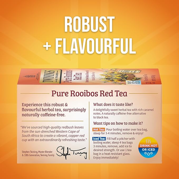 Twinings Pure Rooibos Red Herbal Tea Individually Wrapped Bags, 20 Count (Pack of 6), Sweet with Uplifting Aroma, Naturally Caffeine-Free, Enjoy Hot or Iced, 120 Teabags