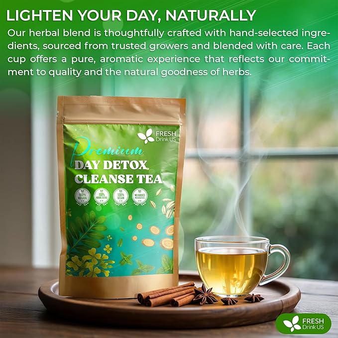 FreshDrinkUS, 30 Teabags of Herbal Day Cleanse Tea โ 30 Day Program | Refreshing Mint Blend with Dandelion, Senna & Hibiscus | Naturally Supports Wellness & Light-Feeling | Caffeine-Free Herbal Tea
