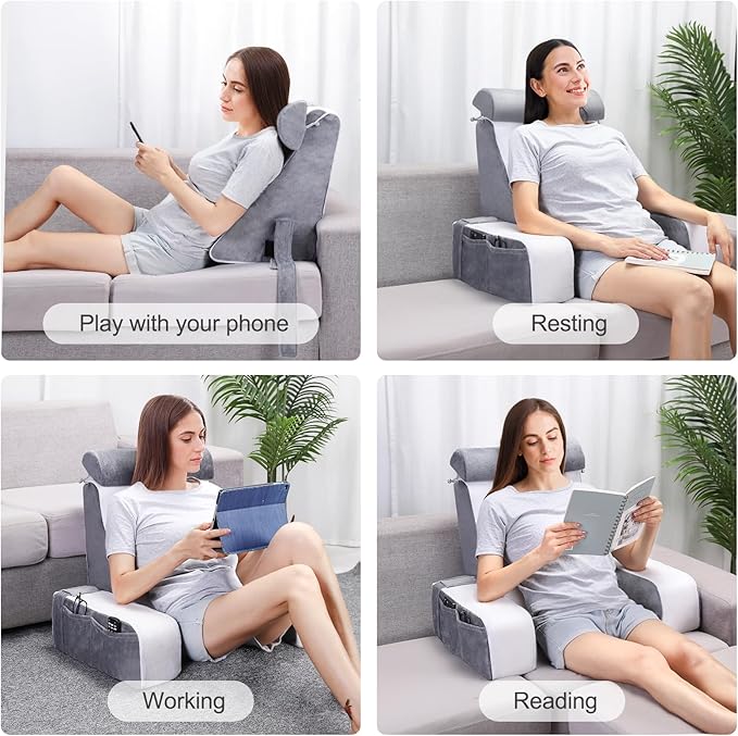 Reading Pillow for Sitting in Bed Adult, Back Pillow for Bed Sitting Up, Full Support for Comfort Solid Foam Chair with Arms Rest and Head Rest Pillow for Watching TV/Reading -19in (Grey & White)