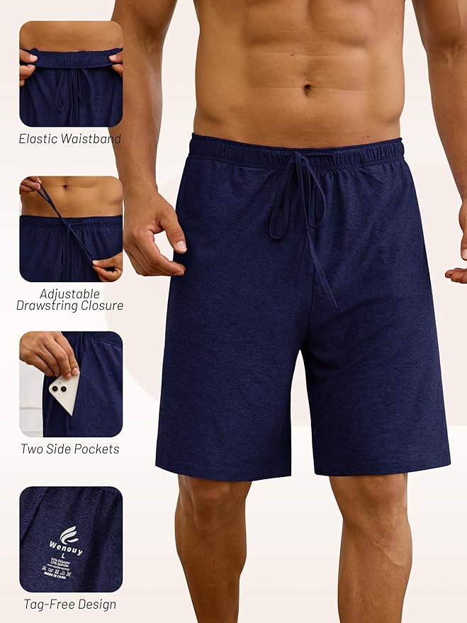 3 Pack Mens Pajama Shorts, Soft Sleep Shorts with Pockets Elastic Waist Drawstring Lounge Dry Fit Sleepwear Bottoms