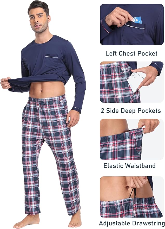 MoFiz Men's Pajamas Plaid Sets Sleepwear Sleep Long Sleeve Shirts and Pants Pajama Set Soft Mens Pjs Lounge Set with Pockets