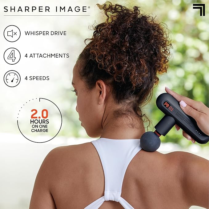 Sharper Image Percussion Massage Gun, Powerboost Move, Lightweight & Portable, 4 Attachments, 4 Speeds, Full Body Back & Shoulder Massager for Deep Tissue Muscle Recovery, Pain Relief & Soreness