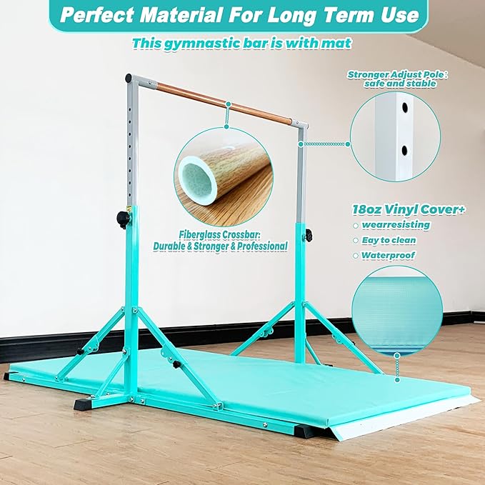Gymnastic Bar for Kid and Teenage Ages 3-25, 5 FT / 6 FT Base Length, 5 FT / 6 FT Height, Gymnastic Kip Bar Horizontal Bar for Gymnast, Gymnastic Training Equipment for Home and Club Use