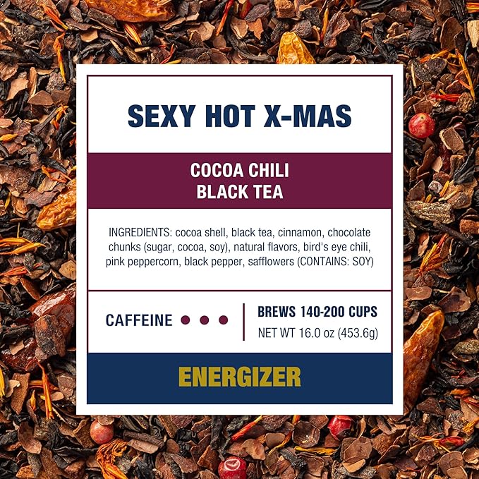 Tiesta Tea - Sexy Hot Christmas, Loose Leaf, Cocoa Chili Black Tea, Premium Blend, High Caffeinated Spicy Black, Make Hot or Iced Tea & Brews Up to 200 Cups, 16oz Resealable Bulk Pouch