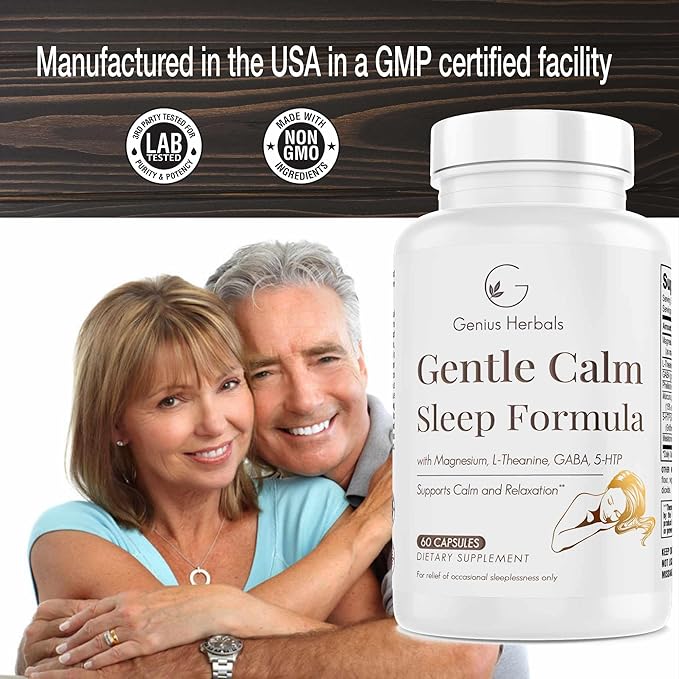 Gentle Calm Sleep Formula with Magnesium, L-Theanine, Melatonin, GABA, 5-Htp | Sleep Aid | Non-GMO - 60 Capsules