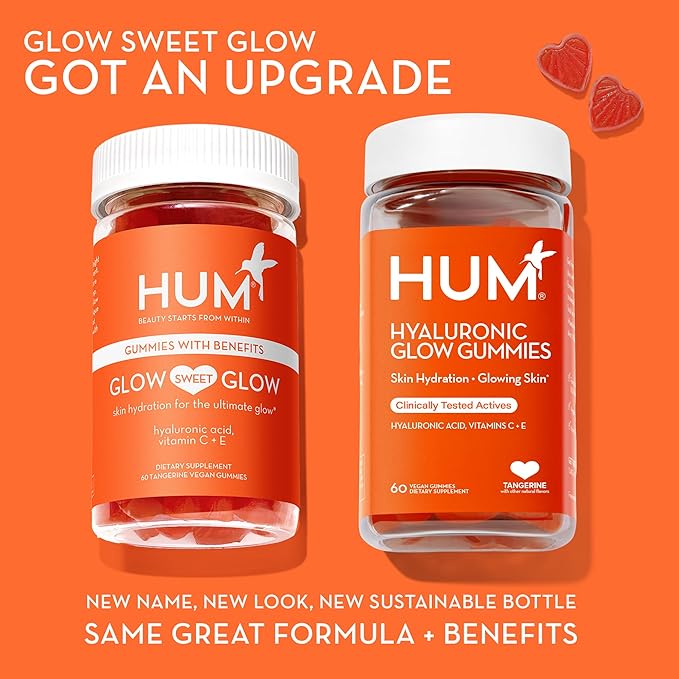 HUM Hyaluronic Glow Hydrating Skin Care Supplement, with Low Molecular Hyaluronic Acid, Vitamin C from Amla Fruit, and Vitamin E, Antioxidant Support for Skin Hydration, Tangerine, 60 Vegan Gummies