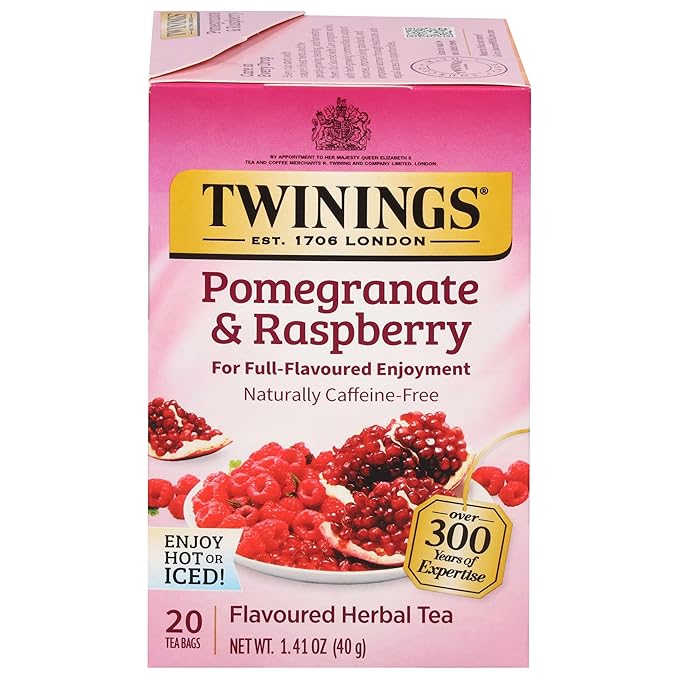 Twinings Pomegranate & Raspberry Herbal Tea Individually Wrapped Bags, 20 Count (Pack of 1), Naturally Caffeine-Free, Enjoy Hot or Iced, 20 Teabags