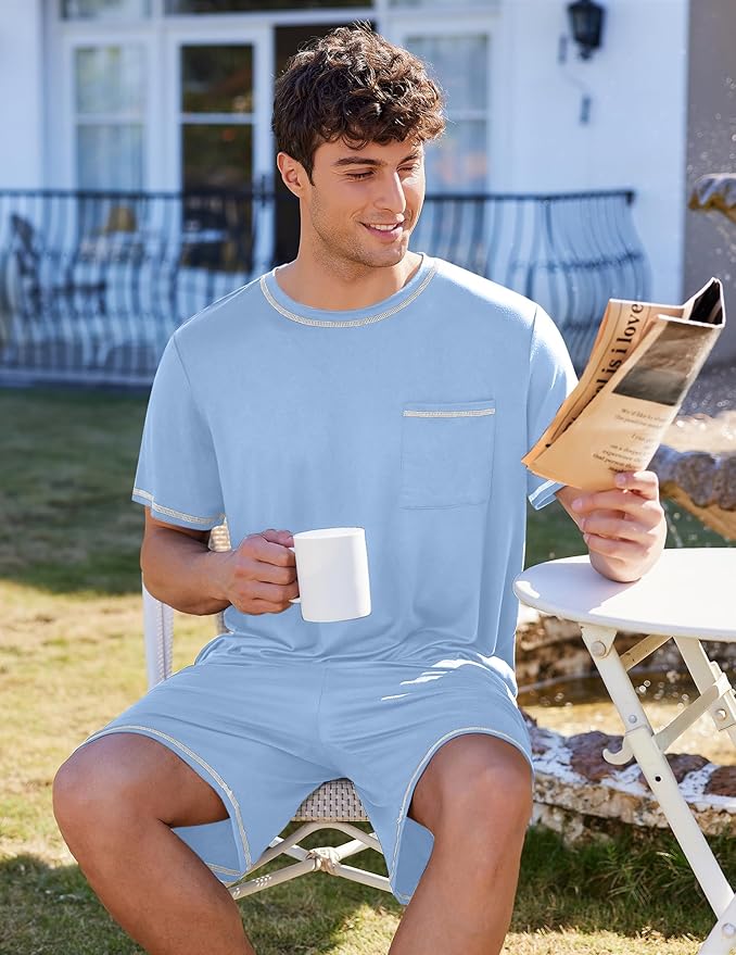Ekouaer Men's Pajamas Set Casual Short Sleeve Shirts and Shorts Soft 2 Piece Loungewear With Pockets