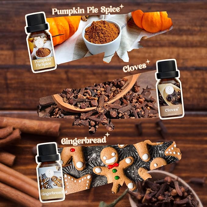 Autumn Spice Essential Oils Set, Fragrance Oil Gift Set for Oil Diffusers, Scented Oils for Soap Candle Making 6x10ml - Cinnamon, Nutmeg, Vanilla, Gingerbread, Pumpkin Pie Spice, and Cloves
