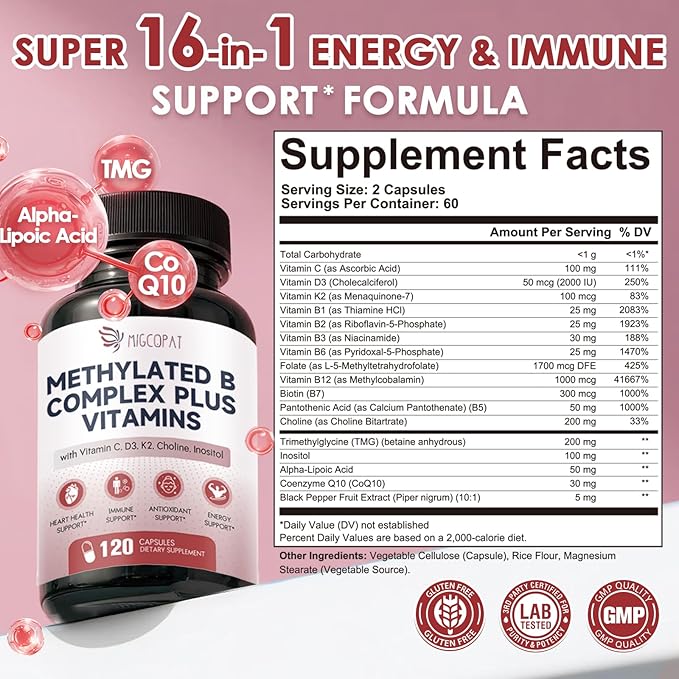16-in-1 Methylated Multivitamin Plus, Methylated B Complex with Vitamin B12 & Methylfolate, B1-B7, CoQ10 & Alpha Lipoic Acid, Vitamin B Complex for Energy, Brain, Heart, Immunity& Antioxidant,120 Caps