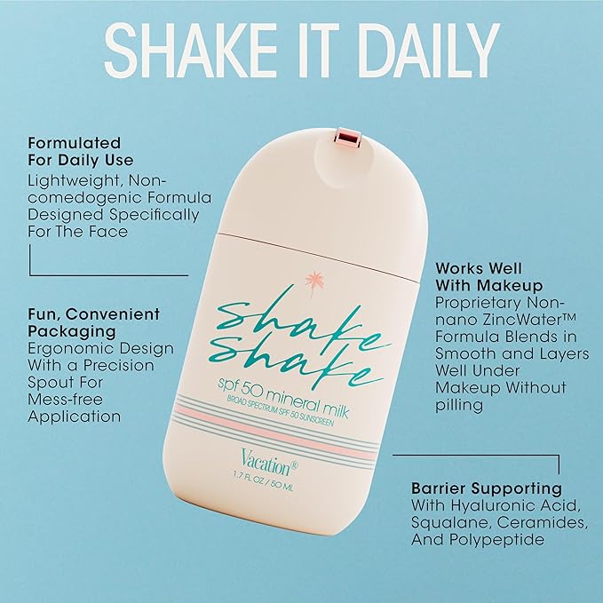 Vacation Shake Shake SPF 50 Mineral Milk Face Sunscreen, Non-Comedogenic, Streak-Free, Water-Resistant Broad Spectrum Sun Block, Non-Nano Zinc Formula, Vegan, Moisturizer with SPF, 1.7 Fl. Oz.