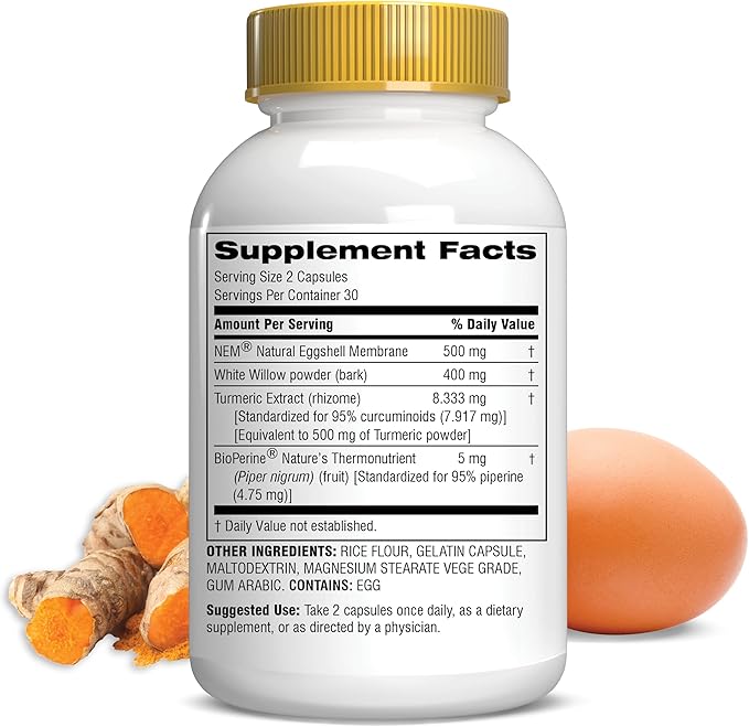 Botanic Choice Fast Act Joint Comfort with NEM Natural Eggshell Membrane, Turmeric Curcumin, Bioperine, & White Willow Bark, Supports Joint Health, 60 500mg Capsules