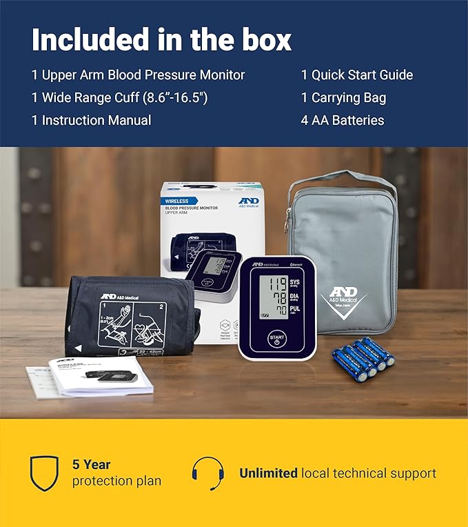 A&D Medical Bluetooth Blood Pressure Monitor for Home Use, UA-651BLE – Upper Arm Precise BP Machine – Wide Range Cuff (8.6” / 22-42cm), App is iOS & Android Compatible, AA Batteries