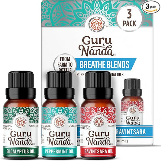 GuruNanda Breathe Essential Oil Set (Pack of 3 x 0.34 Fl Oz) - 100% Pure, Natural & Undiluted Diffuser Oils for Aromatherapy - Helps Support Clear Breathing - Suitable for Massages & DIY Recipes