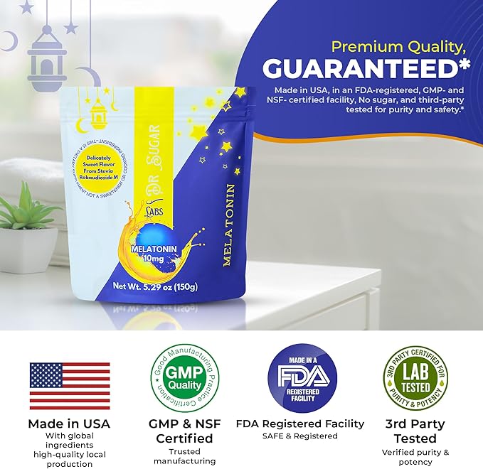 Dr Sugar Labs โ Sleep Aid Melatonin Powder Made in USA | Enjoy in Warm Milk or Herbal Tea | 10mg Melatonin Sleep Supplement | 0 Sugar, Stevia-Sweetened with L-Theanine, GABA & Fiber | 30 Servings