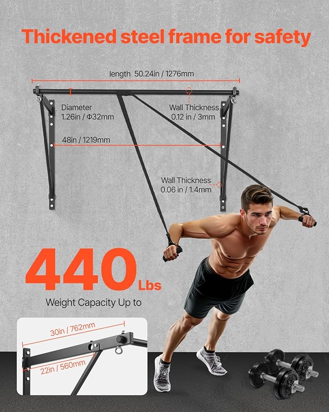 VEVOR Pull Up Bar, 50 in Width Wall Mounted Pull Ups, Adjustable Depth 22" or 30" from Wall, Heavy Duty Steel Upper Body Workout Bars, 440 lbs Weight Capacity Chin Up Training Station, for Home Gym