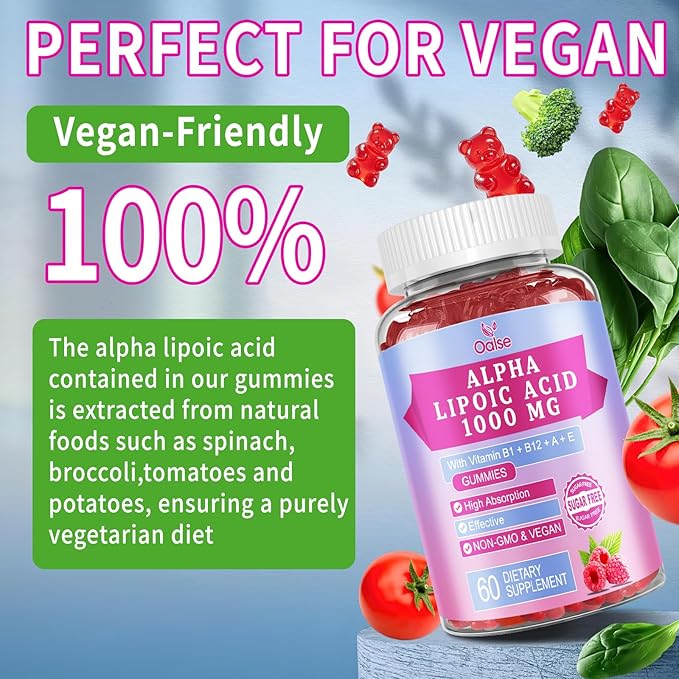 Alpha Lipoic Acid Gummies 1000Mg with Vitamin B1, B12, A, E - High Absorption Sugar Free Chewable ALA Supplement for Energy and Nerve* Support,Raspberry Flavor, 60 Gummies