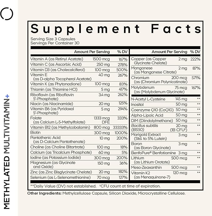 Codeage Methylated Multivitamin Supplement - B-Vitamin, Vitamins A, C, D, E, K2, B12 Methylcobalamin - L-Methylfolate - Magnesium, CoQ10, DIM, Probiotics, Benfotiamine, Lithium, Calcium - 90 Capsules
