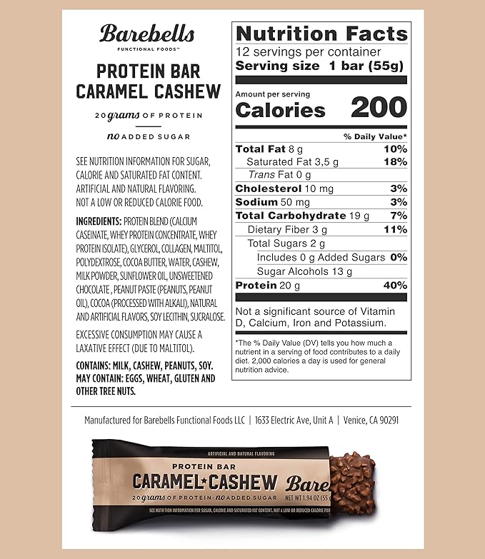 Barebells Protein Bars Caramel Cashew - 12 Count, Pack of 2 - Protein Snacks with 20g of High Protein - Chocolate Protein Bar with 1g of Total Sugars - Perfect on The Go Protein Snack & Breakfast Bars…