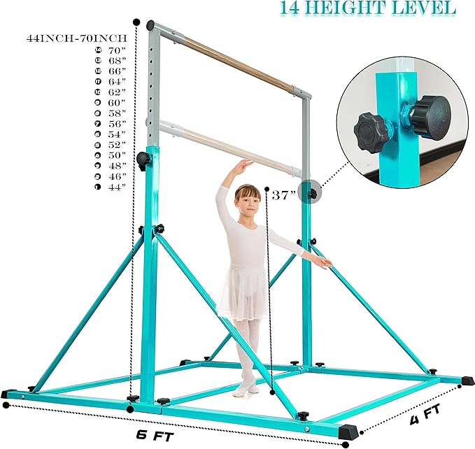 Gymnastic Bar for Kid and Teenage Ages 3-25, 5 FT / 6 FT Base Length, 5 FT / 6 FT Height, Gymnastic Kip Bar Horizontal Bar for Gymnast, Gymnastic Training Equipment for Home and Club Use