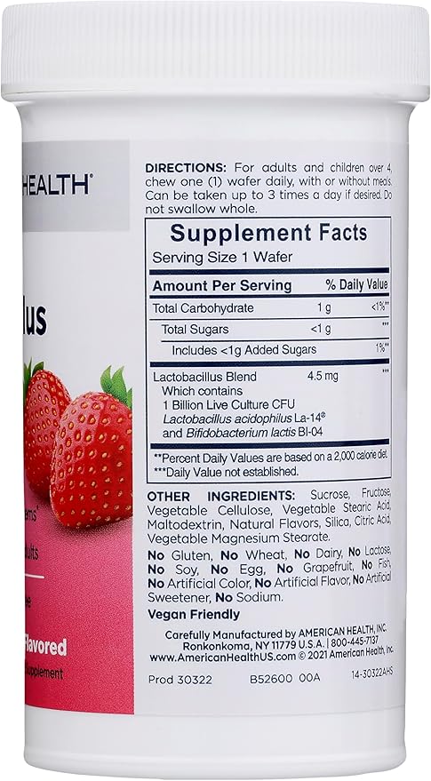 AMERICAN HEALTH Daily Chewable Tablet Acidophilus, 1 Billion Live Cultures, Beneficial Bacteria for The Digestive & Immune Systems, Strawberry, 60 Count