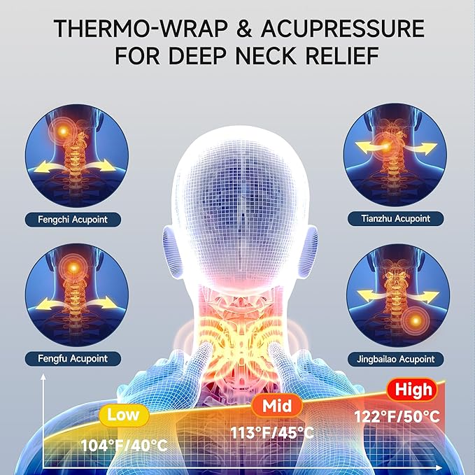 snawowo 3-in-1 Cervical Neck Massager with Heat - Acupoint Shoulder Relaxer Traction Stretcher for Pain Relief, 3 Human-Like Kneading, Heat & Vibration Levels, 360ยฐ Remote, 30ยฐ Design, 15Min Auto Off