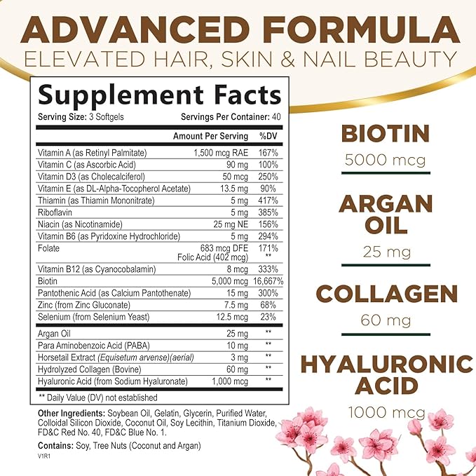 Hair, Skin & Nails Vitamins for Women - Biotin 5000mcg to Support Hair Growth with Argan Oil, Collagen & Hyaluronic Acid, Beautiful, Stronger Skin, Hair & Nails Vitamin Supplement - 120 Softgels