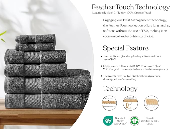 Delara 100% Organic Cotton Towels 650 GSM Plush Feather Touch Quick Dry Towel, 6-Piece Towel Set GOTS Certified, Oeko-Tex Green Certified, 1 Bath Towel, 1 Bath Sheet, 2 Hand Towels & 2 Wash Cloths