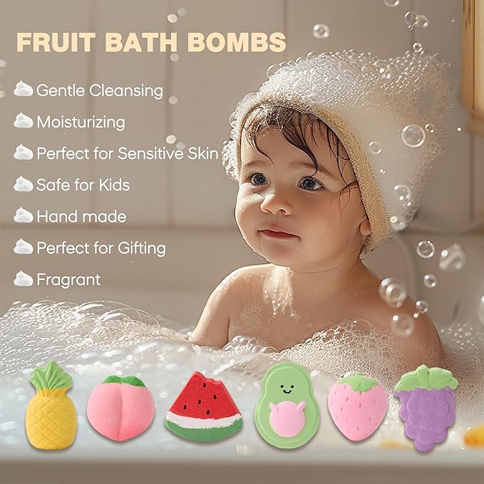 Bath Bombs for Teen Girls Boysโ Fruit Shaped, Handmade Natural & Non-Toxic with Surprise Inside, Colorful Fun Bath Stuff for Kids Ages 3+