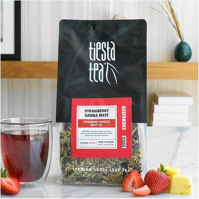 Tiesta Tea - Strawberry Samba Mate, Loose Leaf, Strawberry Hibiscus Mate Tea, High Caffeinated Fruit Blend, Make Hot or Iced Up to 200 Cups, 16oz Resealable Bulk Pouch