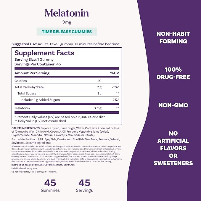 Natrol Time Release Melatonin Gummies, Sleep Support for Adults, 3 mg Melatonin Supplements for Sleep Support, 45 Strawberry-Flavored Gummies, Up to a 45 Day Supply