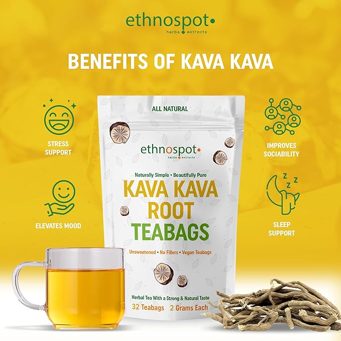 Kava Kava Root Teabags - Kava Kava Tea Pure - 100% Natural Herbal Tea for Stress Support Relaxation Improves Mood and Nervous System - Feel Happy Tea - 2 Gram Teabags - 32 Vegan Teabags
