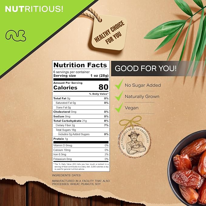 NUT CRAVINGS - Sun Dried Deglet Noor Dates Pitted, No Sugar Added, Unsulphured (6oz, 1 Pack) Bulk Dry Fruits Packed Fresh in Resealable Bag - Sweet Healthy Snack, Naturally Grown, Vegan, Kosher