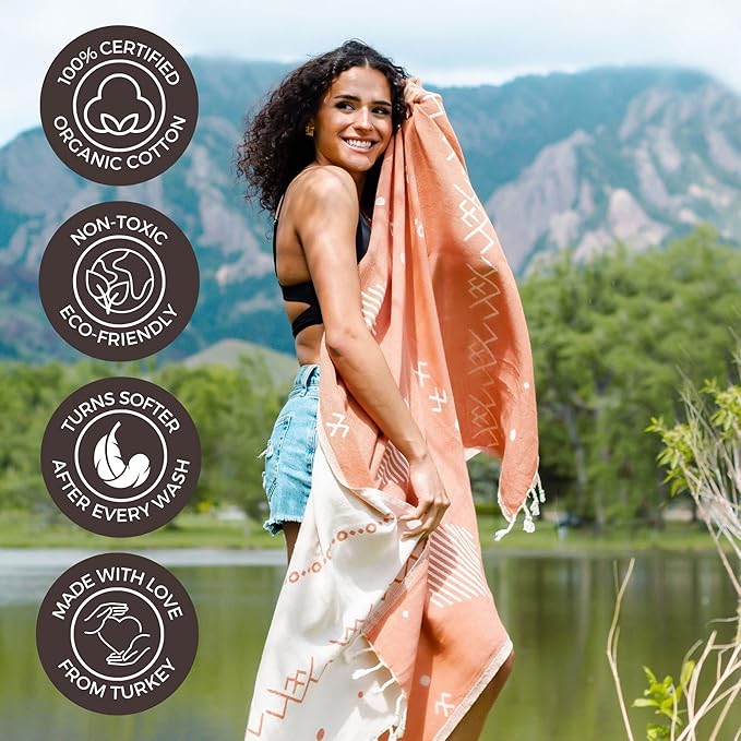FESHKA Sand Proof Turkish Beach Towel – Oversized, Quick Dry & Lightweight Travel Towel - 100% Organic Cotton Beach Blanket - Perfect for Bath, Pool & Picnic | Gingerbread (Rust)