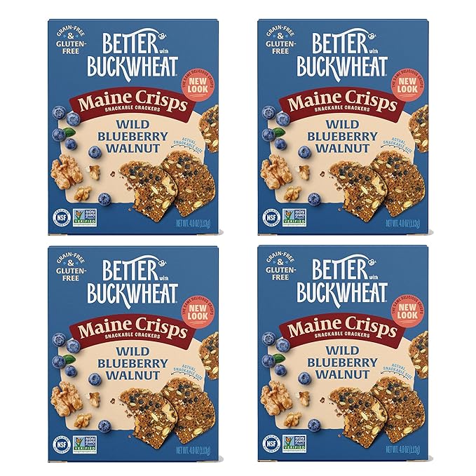 Maine Crisp Wild Blueberry Crisps - Gluten-Free Crackers With Blueberries, California Walnuts & Rosemary - Delicious Snack Crackers for Cheese Board & Toppings - Non-GMO, Grain-Free | 4-Pack