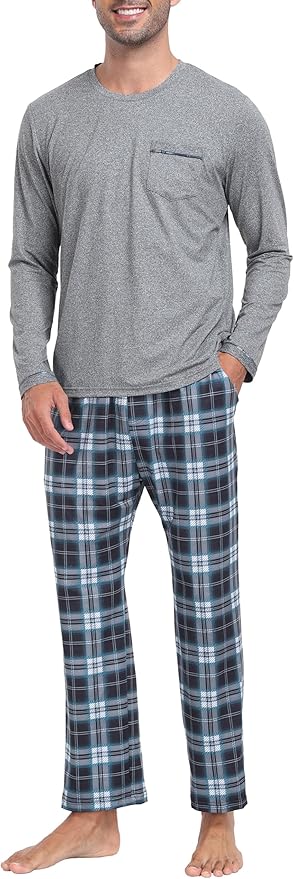 MoFiz Men's Pajamas Plaid Sets Sleepwear Sleep Long Sleeve Shirts and Pants Pajama Set Soft Mens Pjs Lounge Set with Pockets