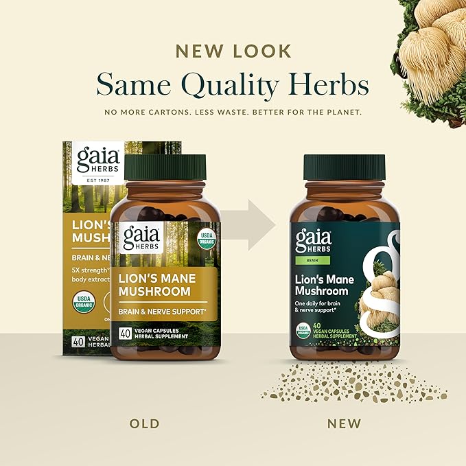 Gaia Herbs Lion’s Mane Mushroom - Brain & Nerve Health Support - 40 Vegan Capsules