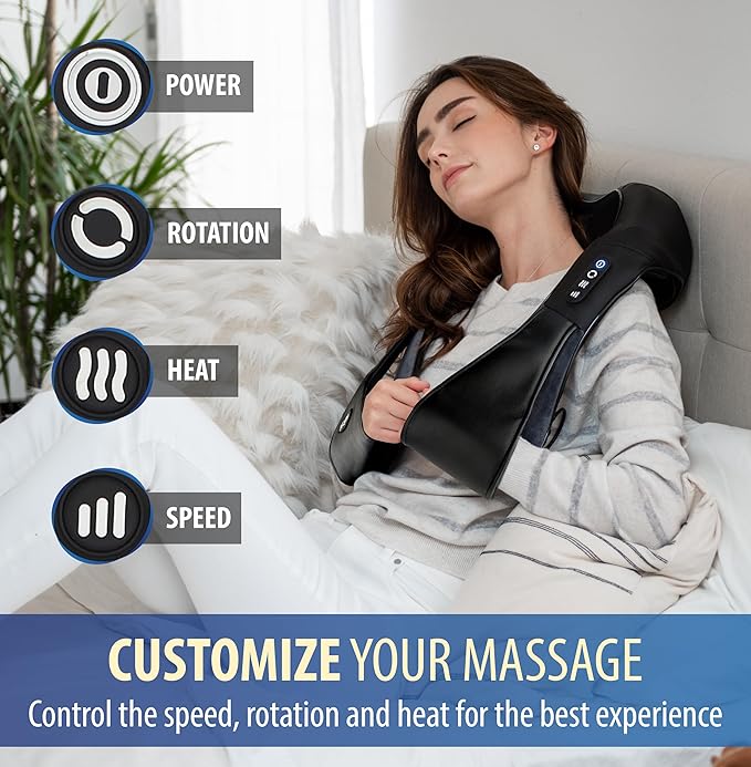 Zyllion Shiatsu Neck and Back Massager with Heat - Cordless Rechargeable 3D Electric Kneading Deep Tissue Massage for Muscle Pain Relief, Black, ZMA-28RB