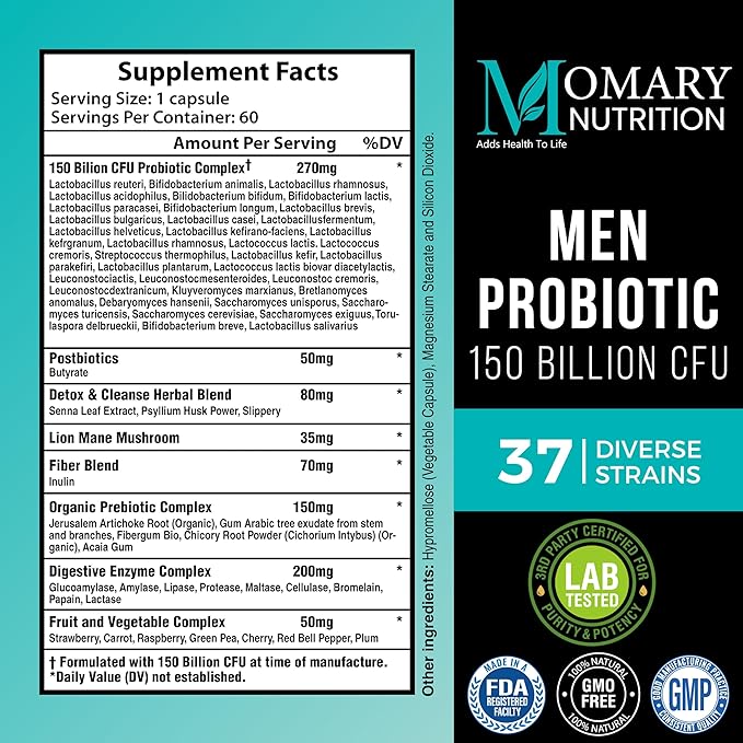 8 in 1 Bio Cultures Complex for Men, 150 Billion CFU Probiotics | 37 Diverse Strains | Organic Prebiotics | Postbiotics | Digestive Enzymes, Support Digestive Health, Microbiome, Colon & Immune Health