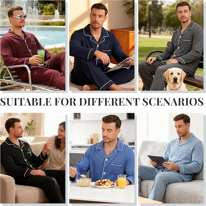 U2SKIIN Mens Cotton Pajama Set, Soft Long Sleeve Pajamas for men Lightweight Button Up Sleepwear Lounge Pjs Set with Pockets