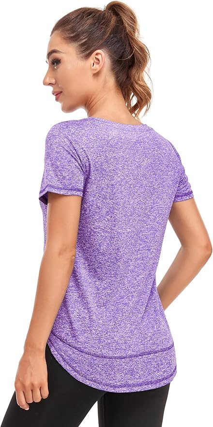 Women's Short Sleeve Workout Shirts Crewneck Sports Yoga Running Dry Fit Tops Side Split Tee