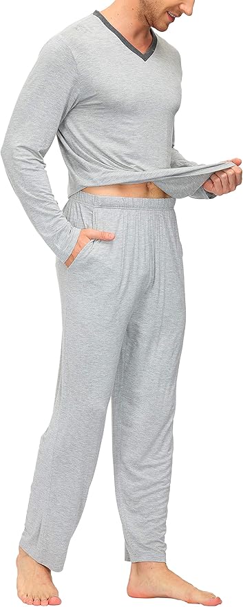 JINSHI Men's Pajama Sets Sleepwear Nightwear Lightweight Quick Dry Soft 2 Piece Long Sleeve Mens Loungewear Sets with Pocket