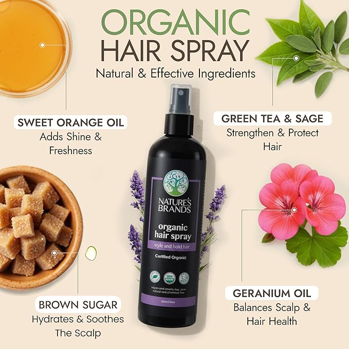 Hair Spray 8 Oz Bottle – USDA Organic Certified, Paraben-Free, Cruelty-Free and Vegan - With Natural Botanical Extracts - For All Hair Types by Nature's Brands is Made In USA.