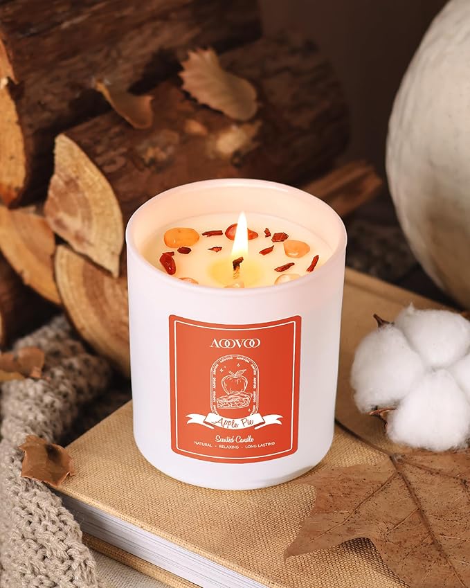 AOOVOO Apple Pie Scented Candles for Women - Aromatherapy Candle with Crystals Inside, 10oz Soy Candles for Home Scented, Birthday Gifts Candle for Women Mom