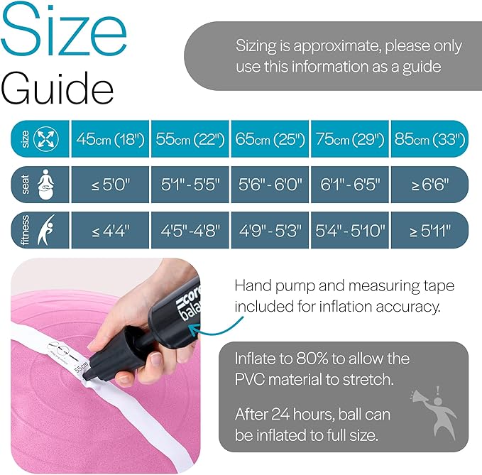 Core Balance Exercise Ball for Workouts, Anti-Burst and Slip Resistant, Swiss Yoga Ball for Pregnancy, Stability, Fitness and Physical Therapy, 4 Sizes, with Pump