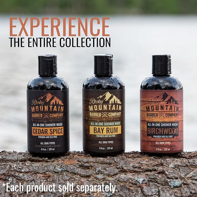 Rocky Mountain Barber Company Bay Rum All-In-One Body Wash - Shampoo, Body Wash, Conditioner, Face Wash & Beard Wash with Aloe Leaf Juice - 8 oz