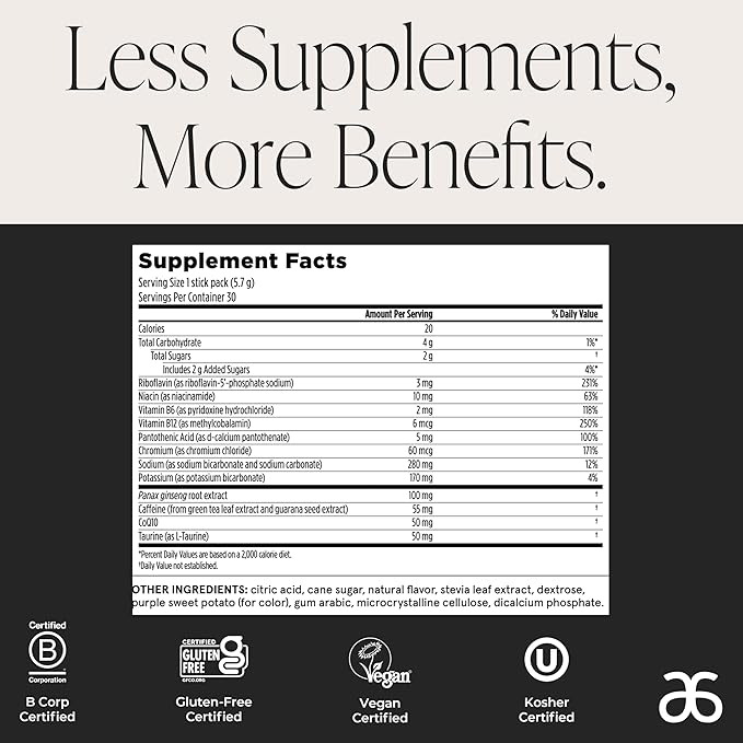Arbonne Ginseng Energy Supplements - Peach Mango Flavor Fizz Sticks, Energy Boost with Caffeine Powder from Guarana and Green Tea, Delicious Alternative to Caffeine Pills