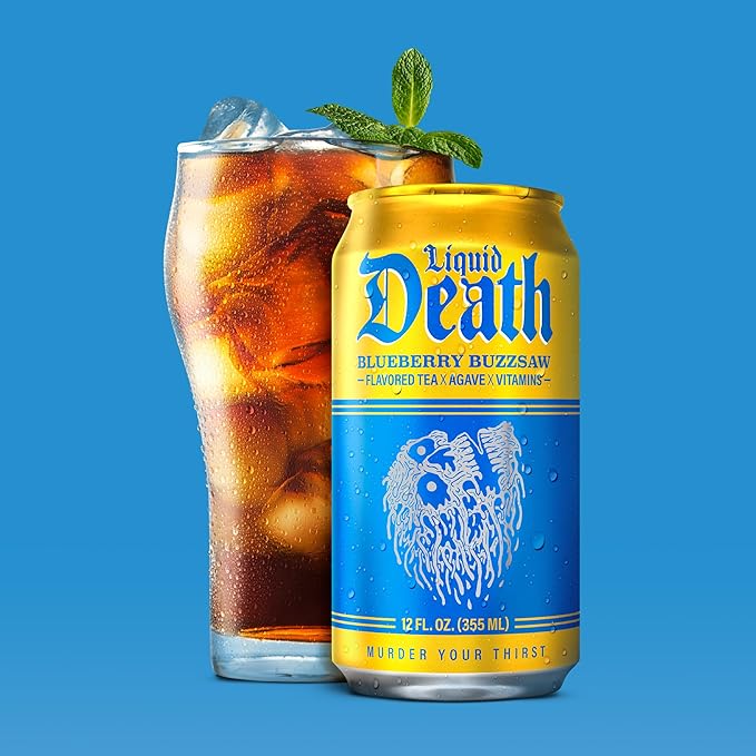 Liquid Death, Blueberry Buzzsaw Iced Tea, 12-Pack (12 oz Cans), Blueberry Flavored Black Tea, Low Calorie, No Artificial Sweeteners, B12 & B6 Vitamins