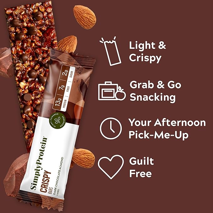 Simply Protein - Dark Chocolate Almond Crispy Bars - Plant Based Protein Bars - Low Carb, Low Sugar, High Fiber - 13g Protein, 2g Sugar, 7g Fiber - Vegan, Gluten Free, Non GMO, Kosher - 24 Bars